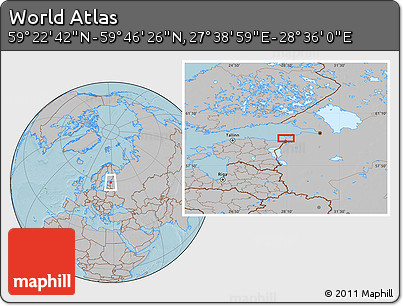 Gray Location Map of the Area around 59° 34' 34" N, 28° 7' 30" E, hill shading