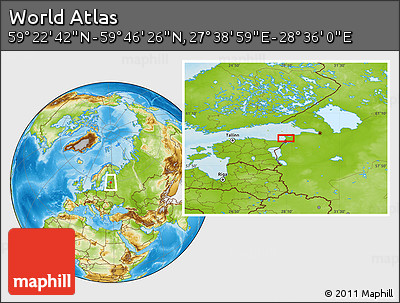 Physical Location Map of the Area around 59° 34' 34" N, 28° 7' 30" E
