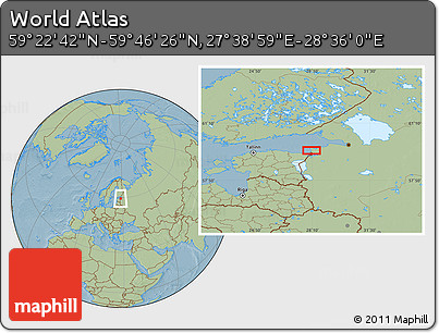 Savanna Style Location Map of the Area around 59° 34' 34" N, 28° 7' 30" E, hill shading