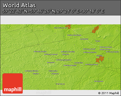 Physical 3D Map of the Area around 59° 34' 34" N, 29° 49' 30" E