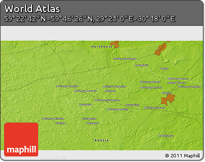 Physical 3D Map of the Area around 59° 34' 34" N, 29° 49' 30" E