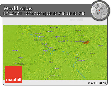 Physical 3D Map of the Area around 59° 34' 34" N, 33° 13' 30" E