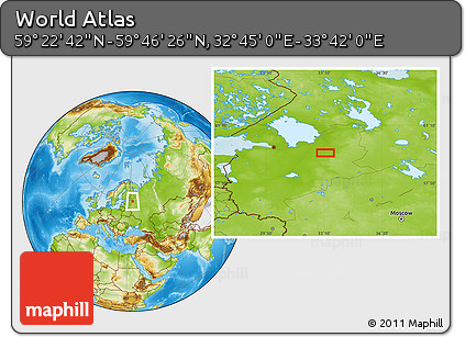Physical Location Map of the Area around 59° 34' 34" N, 33° 13' 30" E