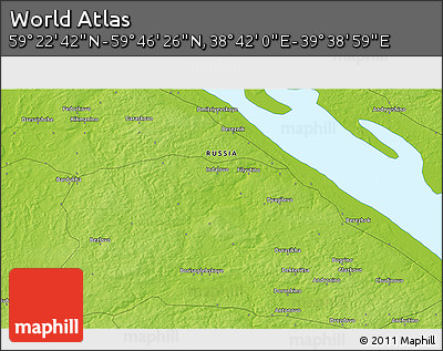 Physical 3D Map of the Area around 59° 34' 34" N, 39° 10' 29" E