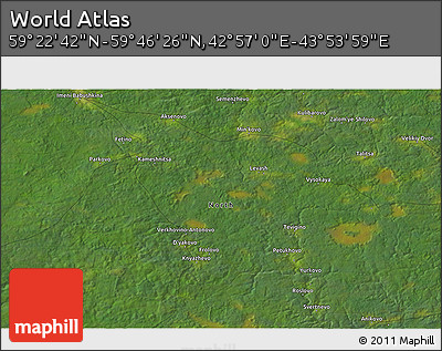 Satellite 3D Map of the Area around 59° 34' 34" N, 43° 25' 29" E