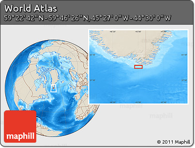 Shaded Relief Location Map of the Area around 59° 34' 34" N, 44° 58' 30" W