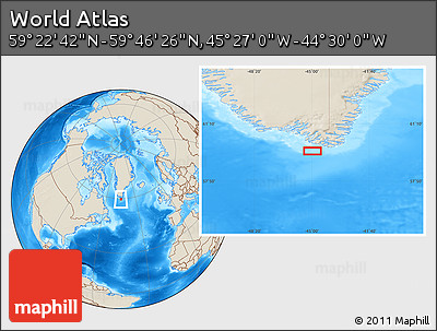 Shaded Relief Location Map of the Area around 59° 34' 34" N, 44° 58' 30" W