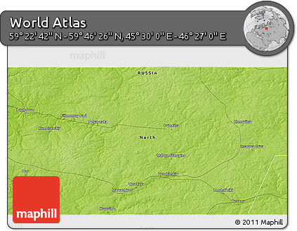 Physical 3D Map of the Area around 59° 34' 34" N, 45° 58' 30" E