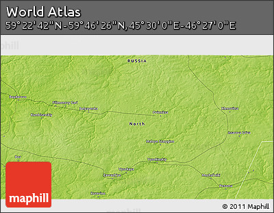 Physical 3D Map of the Area around 59° 34' 34" N, 45° 58' 30" E