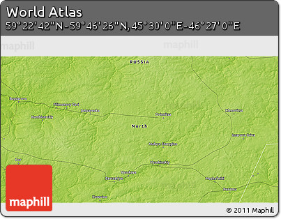 Physical 3D Map of the Area around 59° 34' 34" N, 45° 58' 30" E