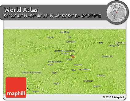 Physical 3D Map of the Area around 59° 34' 34" N, 49° 22' 30" E