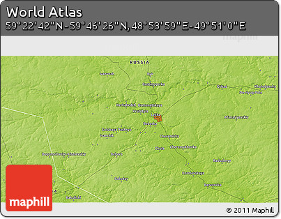 Physical 3D Map of the Area around 59° 34' 34" N, 49° 22' 30" E
