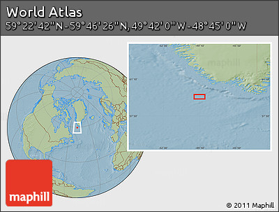 Savanna Style Location Map of the Area around 59° 34' 34" N, 49° 13' 30" W, hill shading