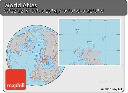 Gray Location Map of the Area around 59° 34' 34" N, 4° 10' 30" W