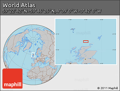 Gray Location Map of the Area around 59° 34' 34" N, 4° 10' 30" W