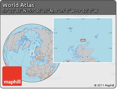 Gray Location Map of the Area around 59° 34' 34" N, 4° 10' 30" W