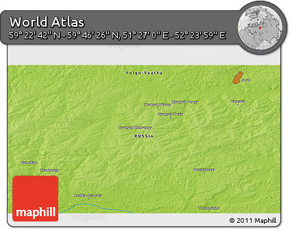 Physical 3D Map of the Area around 59° 34' 34" N, 51° 55' 29" E