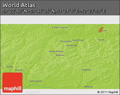 Physical 3D Map of the Area around 59° 34' 34" N, 51° 55' 29" E