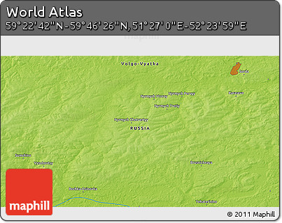 Physical 3D Map of the Area around 59° 34' 34" N, 51° 55' 29" E