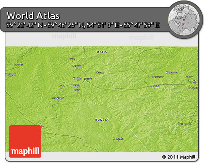Physical 3D Map of the Area around 59° 34' 34" N, 55° 19' 30" E