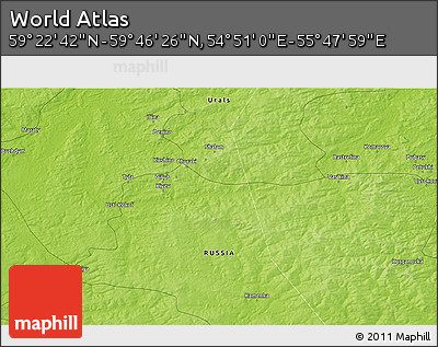 Physical 3D Map of the Area around 59° 34' 34" N, 55° 19' 30" E