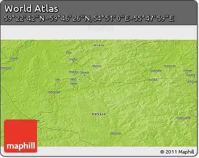 Physical 3D Map of the Area around 59° 34' 34" N, 55° 19' 30" E