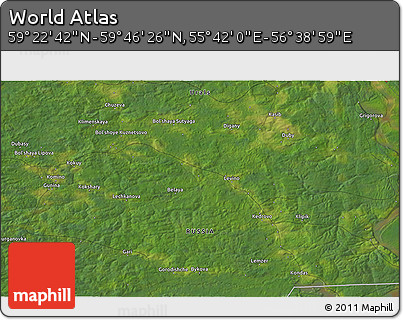 Satellite 3D Map of the Area around 59° 34' 34" N, 56° 10' 29" E