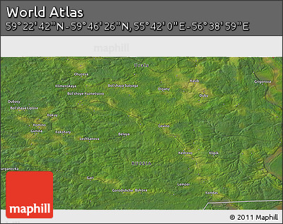 Satellite 3D Map of the Area around 59° 34' 34" N, 56° 10' 29" E