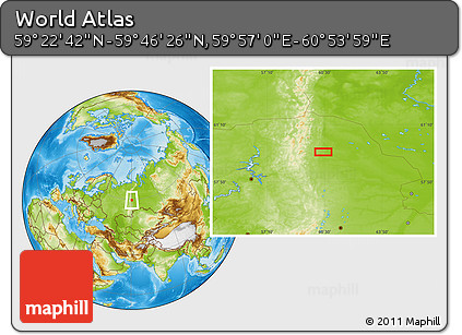 Physical Location Map of the Area around 59° 34' 34" N, 60° 25' 29" E