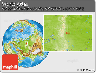 Physical Location Map of the Area around 59° 34' 34" N, 60° 25' 29" E