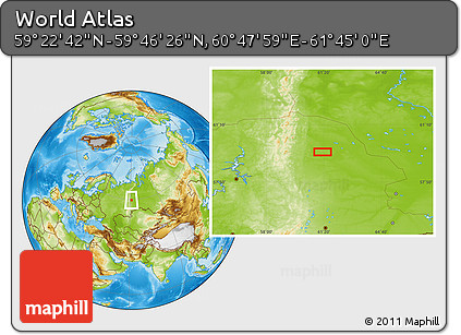 Physical Location Map of the Area around 59° 34' 34" N, 61° 16' 29" E