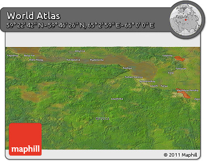 Satellite 3D Map of the Area around 59° 34' 34" N, 65° 31' 30" E