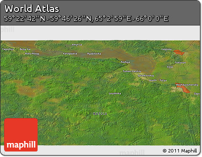 Satellite 3D Map of the Area around 59° 34' 34" N, 65° 31' 30" E