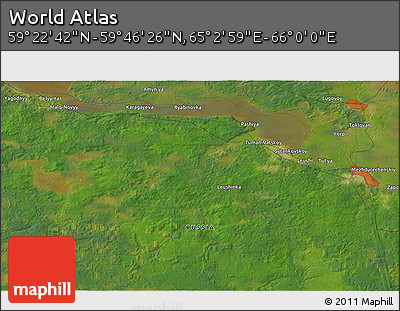 Satellite 3D Map of the Area around 59° 34' 34" N, 65° 31' 30" E