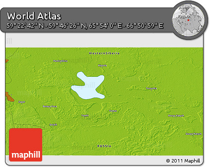 Physical 3D Map of the Area around 59° 34' 34" N, 66° 22' 30" E