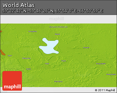Physical 3D Map of the Area around 59° 34' 34" N, 66° 22' 30" E