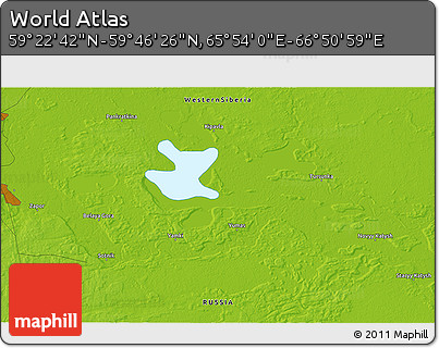 Physical 3D Map of the Area around 59° 34' 34" N, 66° 22' 30" E