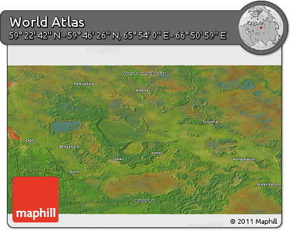 Satellite 3D Map of the Area around 59° 34' 34" N, 66° 22' 30" E