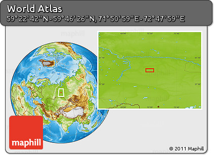 Physical Location Map of the Area around 59° 34' 34" N, 72° 19' 29" E