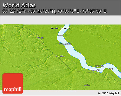 Physical 3D Map of the Area around 59° 34' 34" N, 79° 7' 30" E