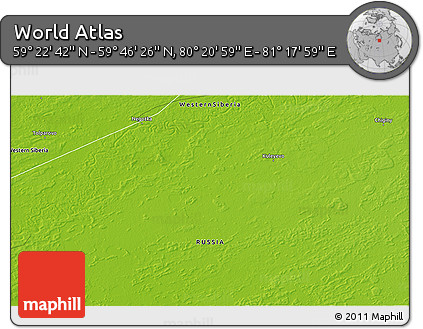 Physical 3D Map of the Area around 59° 34' 34" N, 80° 49' 29" E