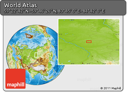 Physical Location Map of the Area around 59° 34' 34" N, 84° 13' 29" E