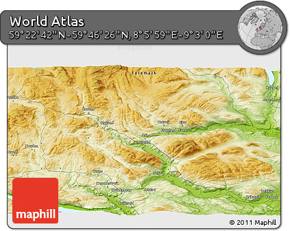 Physical 3D Map of the Area around 59° 34' 34" N, 8° 34' 29" E