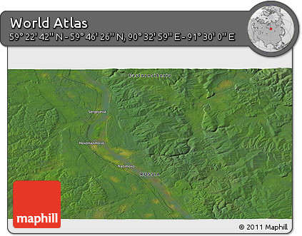 Satellite 3D Map of the Area around 59° 34' 34" N, 91° 1' 30" E