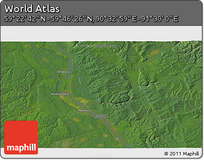 Satellite 3D Map of the Area around 59° 34' 34" N, 91° 1' 30" E