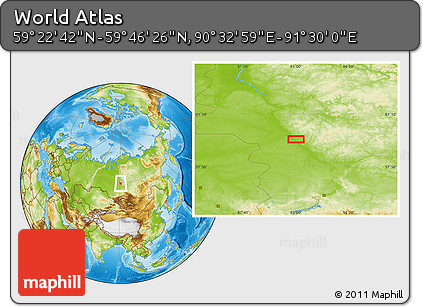 Physical Location Map of the Area around 59° 34' 34" N, 91° 1' 30" E