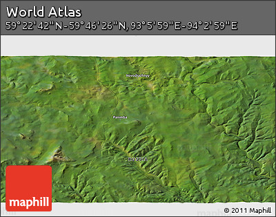 Satellite 3D Map of the Area around 59° 34' 34" N, 93° 34' 29" E