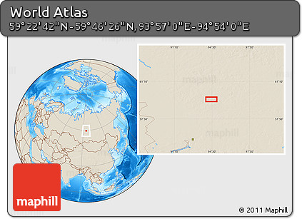 Shaded Relief Location Map of the Area around 59° 34' 34" N, 94° 25' 30" E