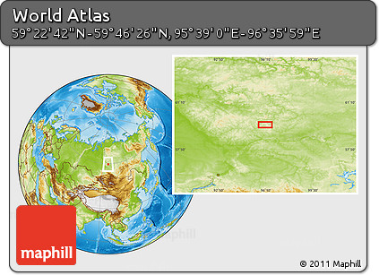 Physical Location Map of the Area around 59° 34' 34" N, 96° 7' 30" E