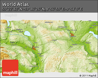 Physical 3D Map of the Area around 59° 34' 34" N, 9° 25' 30" E